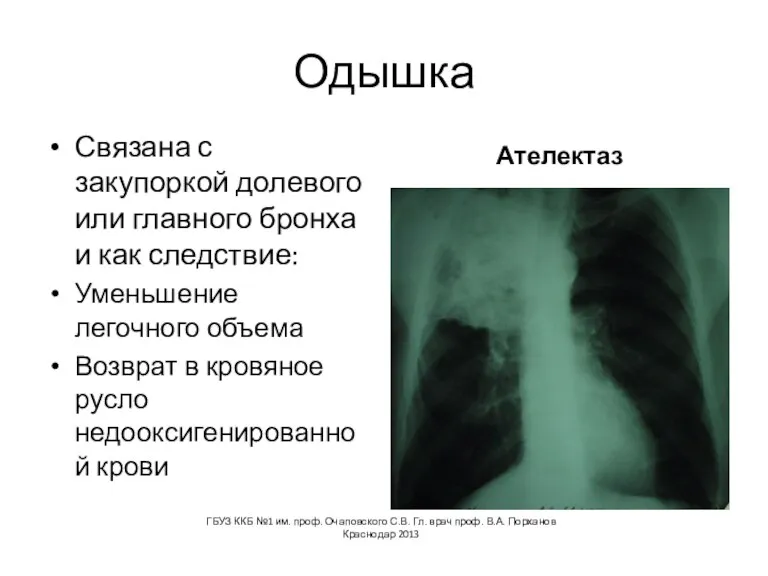 Одышка Связана с закупоркой долевого или главного бронха и как следствие: Уменьшение