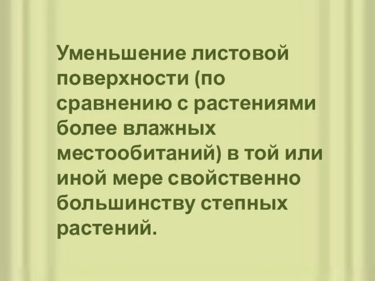 Уменьшение листовой поверхности (по сравнению с растениями более влажных местообитаний) в той