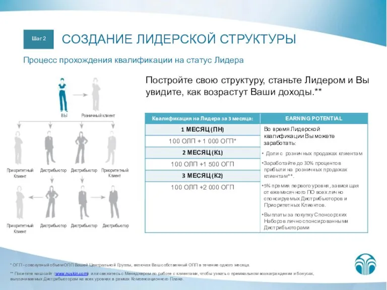 СОЗДАНИЕ ЛИДЕРСКОЙ СТРУКТУРЫ Процесс прохождения квалификации на статус Лидера Постройте свою структуру,