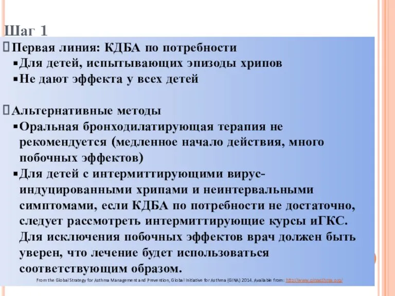 Шаг 1 Первая линия: КДБА по потребности Для детей, испытывающих эпизоды хрипов