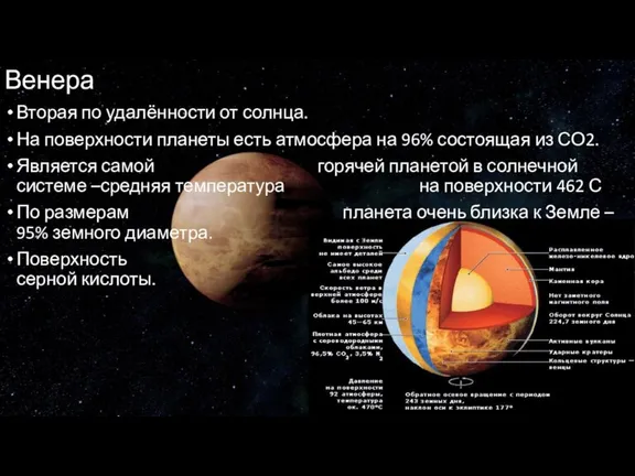 Венера Вторая по удалённости от солнца. На поверхности планеты есть атмосфера на