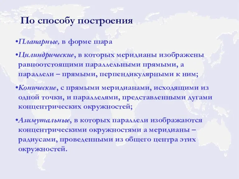 По способу построения Планарные, в форме шара Цилиндрические, в которых меридианы изображены