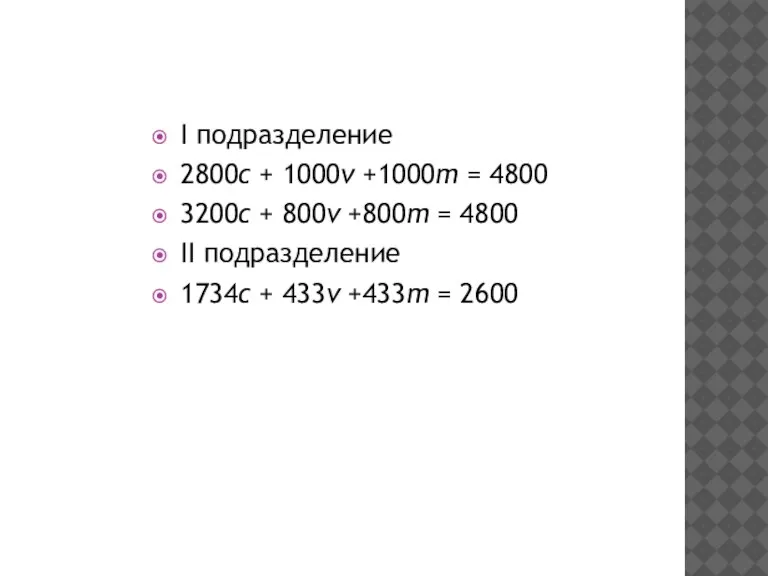 I подразделение 2800с + 1000ν +1000m = 4800 3200с + 800v +800m
