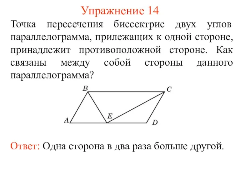 Упражнение 14 Точка пересечения биссектрис двух углов параллелограмма, прилежащих к одной стороне,