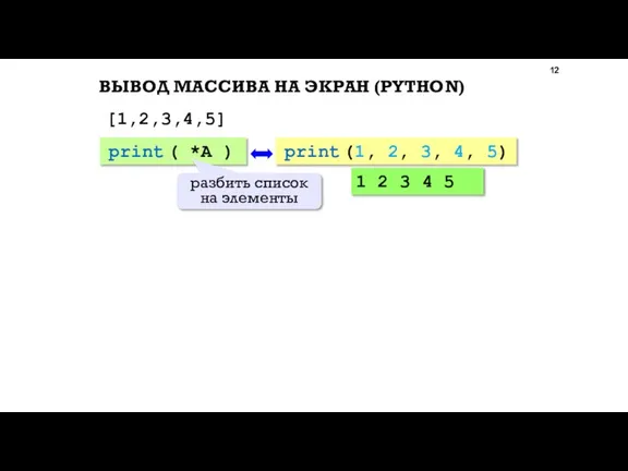 ВЫВОД МАССИВА НА ЭКРАН (PYTHON) print ( *A ) разбить список на