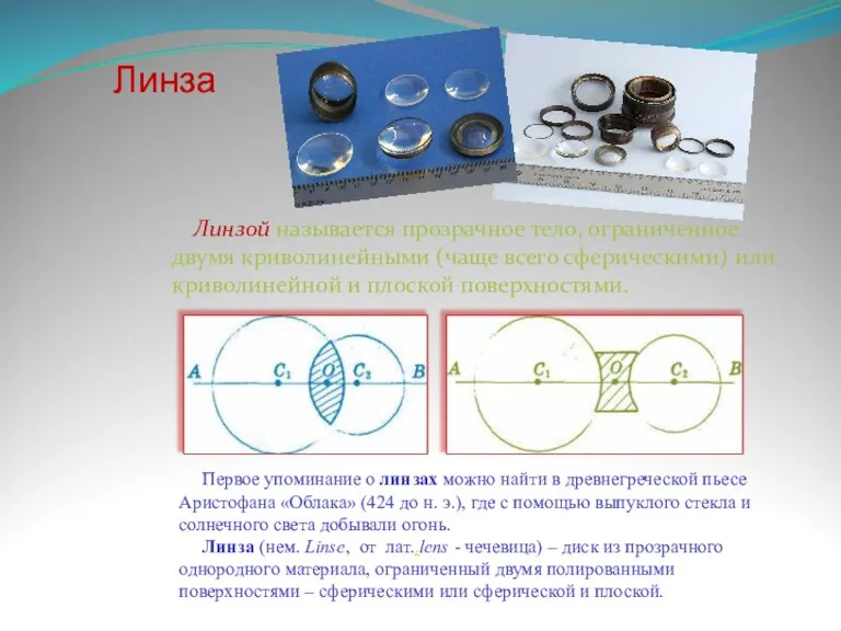 Линзой называется прозрачное тело, ограниченное двумя криволинейными (чаще всего сферическими) или криволинейной