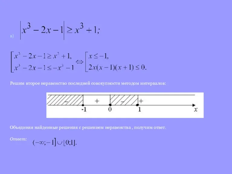 в) Решим второе неравенство последней совокупности методом интервалов: Объединяя найденные решения с