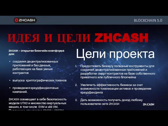 ZH.CASH ИДЕЯ И ЦЕЛИ ZHCASH BLOCKCHAIN 5.0 ZHCASH – открытая блокчейн-платформа для: