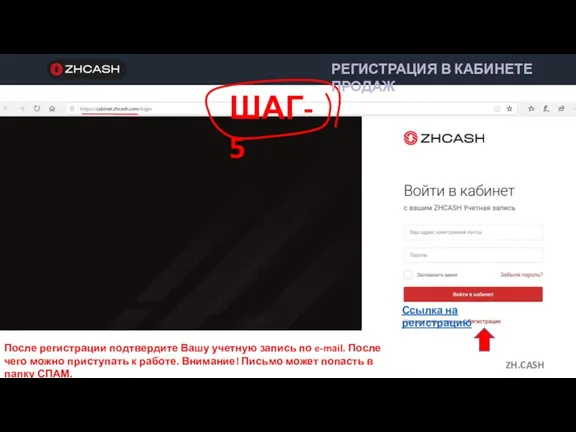 ШАГ-5 ZH.CASH РЕГИСТРАЦИЯ В КАБИНЕТЕ ПРОДАЖ После регистрации подтвердите Вашу учетную запись