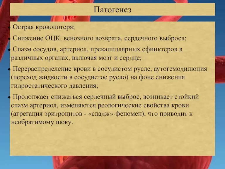 Патогенез Острая кровопотеря; Снижение ОЦК, венозного возврата, сердечного выброса; Спазм сосудов, артериол,