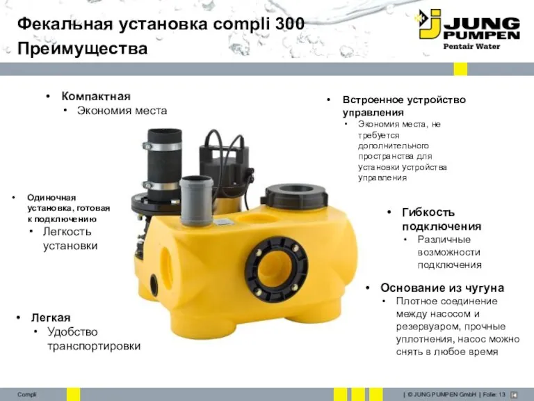 Фекальная установка compli 300 Преимущества Встроенное устройство управления Экономия места, не требуется