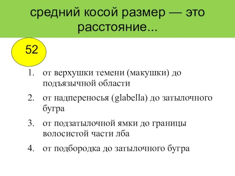 средний косой размер — это расстояние... от верхушки темени (макушки) до подъязычной