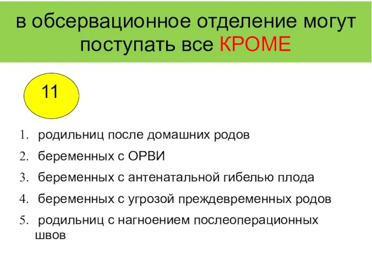 в обсервационное отделение могут поступать все КРОМЕ родильниц после домашних родов беременных