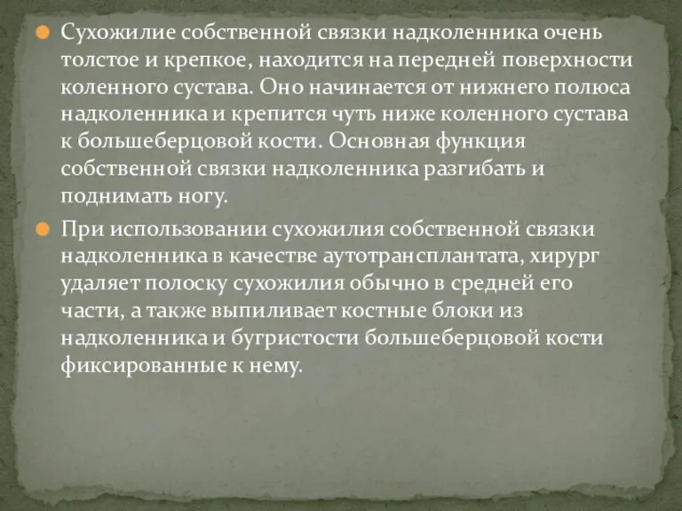 Сухожилие собственной связки надколенника очень толстое и крепкое, находится на передней поверхности