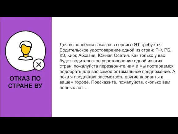 ОТКАЗ ПО СТРАНЕ ВУ Для выполнения заказов в сервисе ЯТ требуется Водительское