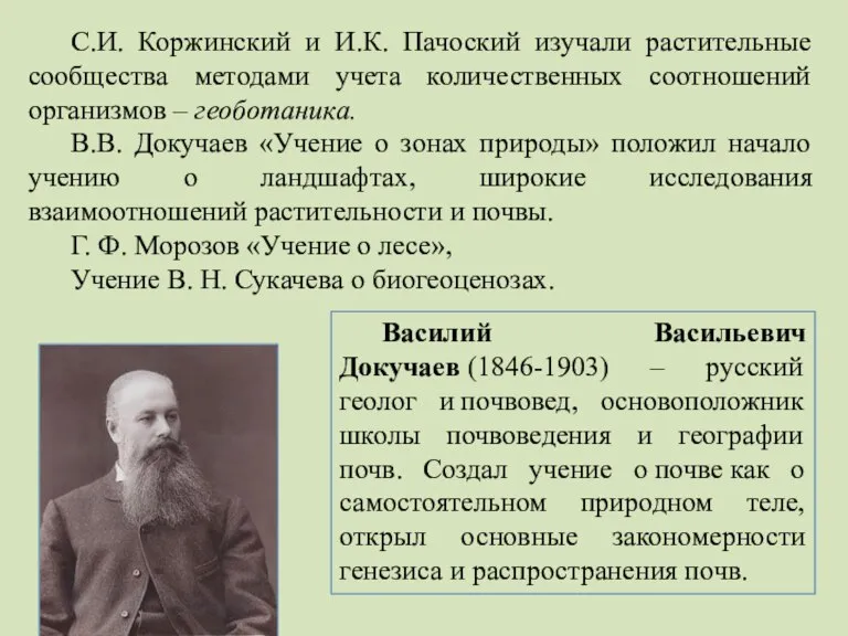 С.И. Коржинский и И.К. Пачоский изучали растительные сообщества методами учета количественных соотношений