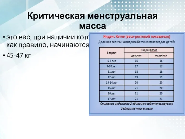 Критическая менструальная масса это вес, при наличии которого у девочек-подростков, как правило, начинаются менструации. 45-47 кг