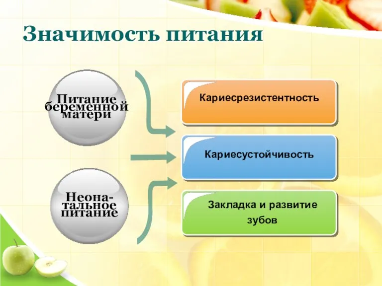 Значимость питания Кариесустойчивость Кариесрезистентность Закладка и развитие зубов Питание беременной матери Неона-тальное питание