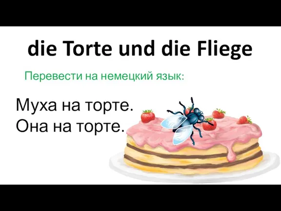 die Torte und die Fliege Перевести на немецкий язык: Муха на торте. Она на торте.