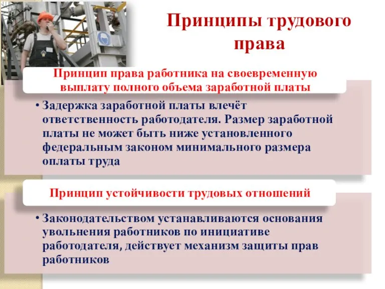 Принципы трудового права Задержка заработной платы влечёт ответственность работодателя. Размер заработной платы