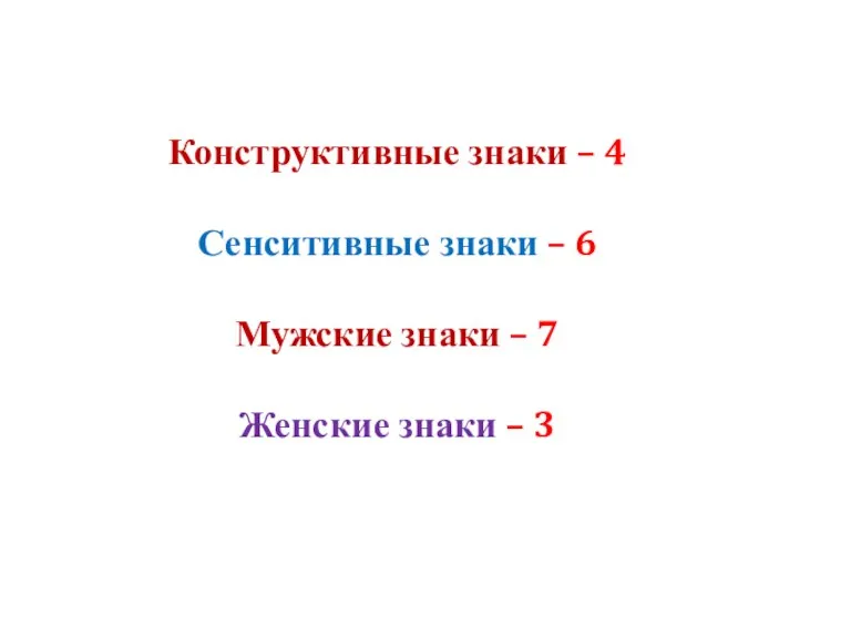 Конструктивные знаки – 4 Сенситивные знаки – 6 Мужские знаки – 7 Женские знаки – 3