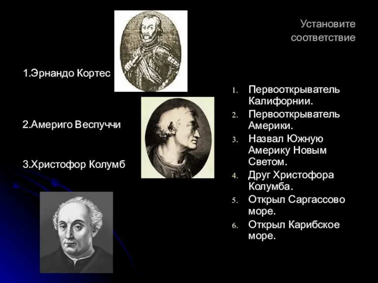 Установите соответствие 1.Эрнандо Кортес 2.Америго Веспуччи 3.Христофор Колумб Первооткрыватель Калифорнии. Первооткрыватель Америки.