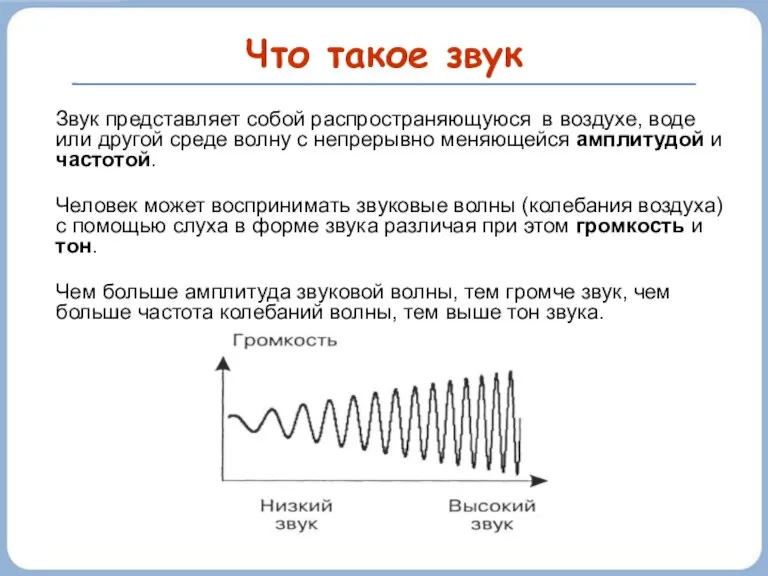 Что такое звук Звук представляет собой распространяющуюся в воздухе, воде или другой