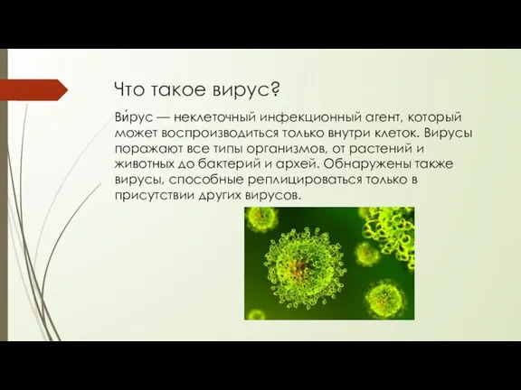 Что такое вирус? Ви́рус — неклеточный инфекционный агент, который может воспроизводиться только