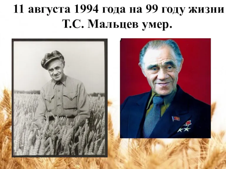 11 августа 1994 года на 99 году жизни Т.С. Мальцев умер.