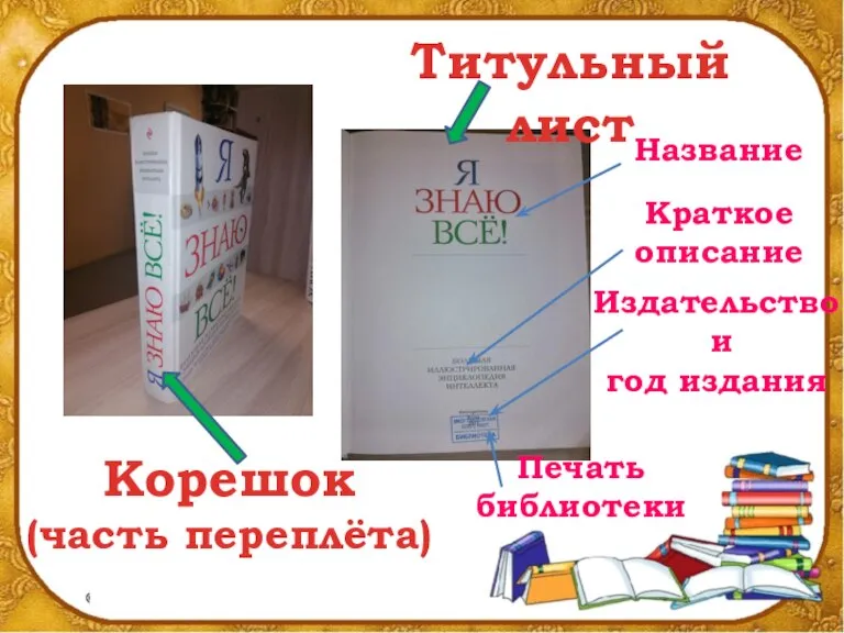 Корешок (часть переплёта) Титульный лист Название Краткое описание Издательство и год издания Печать библиотеки