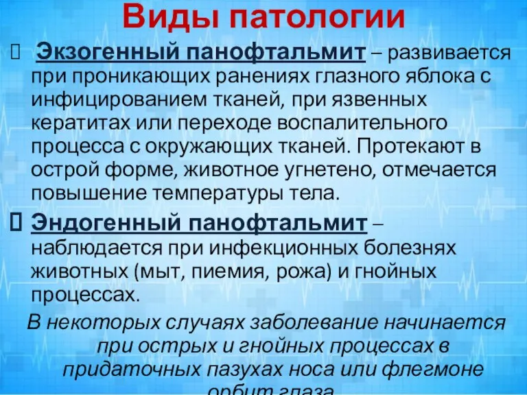 Виды патологии Экзогенный панофтальмит – развивается при проникающих ранениях глазного яблока с