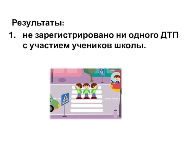 Результаты: не зарегистрировано ни одного ДТП с участием учеников школы.