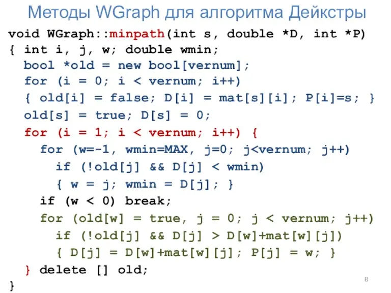 Методы WGraph для алгоритма Дейкстры void WGraph::minpath(int s, double *D, int *P)