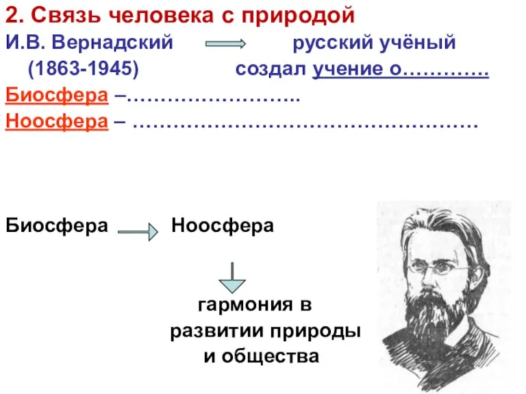 2. Связь человека с природой И.В. Вернадский русский учёный (1863-1945) создал учение