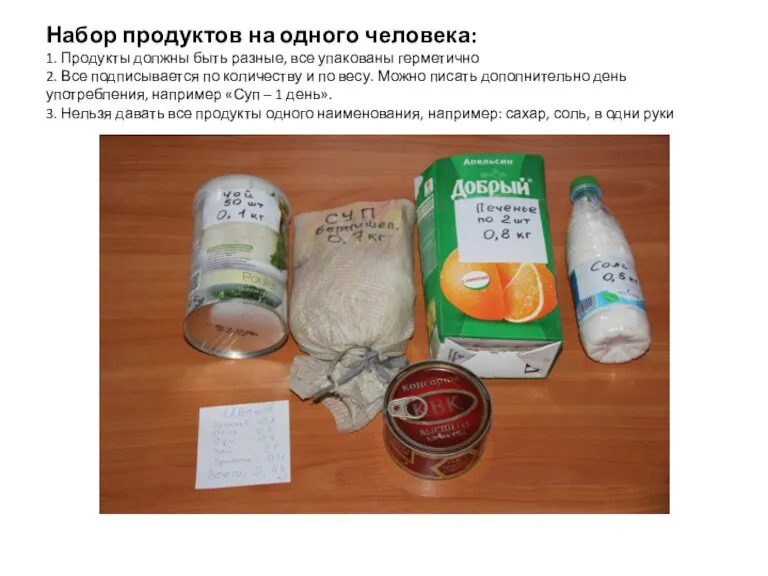 Набор продуктов на одного человека: 1. Продукты должны быть разные, все упакованы