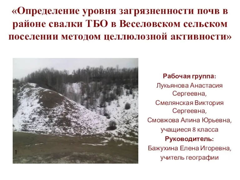 Определение уровня загрязненности почв в районе свалки ТБО в Веселовском сельском поселении методом целлюлозной активности