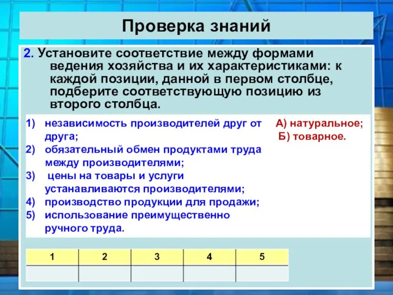 Проверка знаний 2. Установите соответствие между формами ведения хозяйства и их характеристиками: