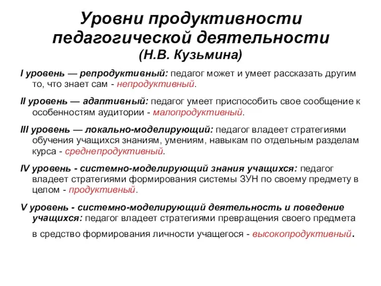 Уровни продуктивности педагогической деятельности (Н.В. Кузьмина) I уровень — репродуктивный: педагог может