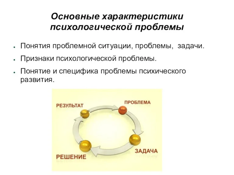 Основные характеристики психологической проблемы Понятия проблемной ситуации, проблемы, задачи. Признаки психологической проблемы.