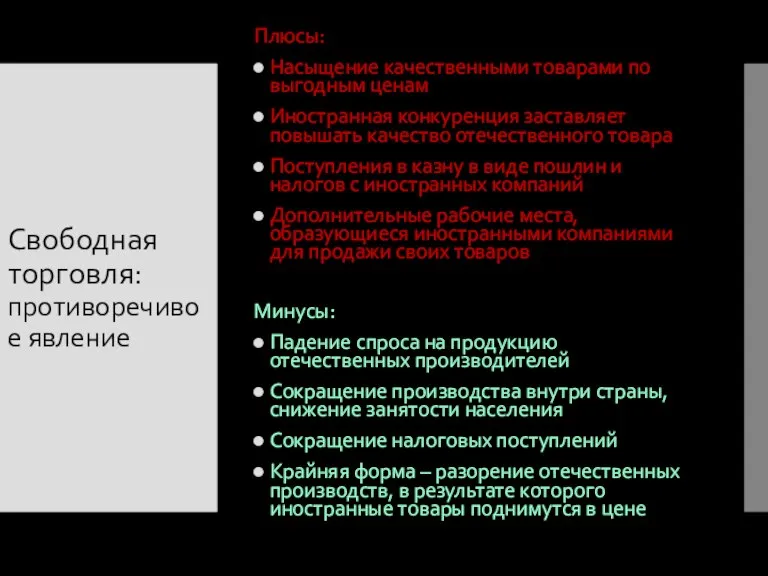 Свободная торговля: противоречивое явление Плюсы: Насыщение качественными товарами по выгодным ценам Иностранная