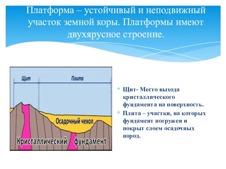 Платформа – устойчивый и неподвижный участок земной коры. Платформы имеют двухярусное строение.