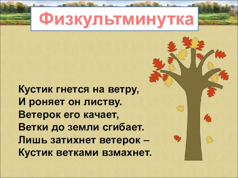 Физкультминутка Кустик гнется на ветру, И роняет он листву. Ветерок его качает,