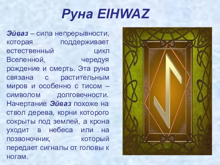 Руна EIHWAZ Эйваз – сила непрерывности, которая поддерживает естественный цикл Вселенной, чередуя