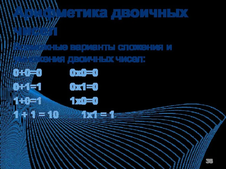 Арифметика двоичных чисел Возможные варианты сложения и умножения двоичных чисел: 0+0=0 0x0=0