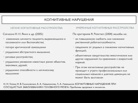 ЛЕГКИЕ КОГНИТИВНЫЕ РАССТРОЙСТВА Согласно Н. Н. Яхно и др. (2005): изменение личности