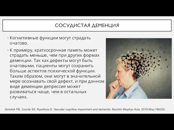 СОСУДИСТАЯ ДЕМЕНЦИЯ Когнитивные функции могут страдать очагово. К примеру, краткосрочная память может