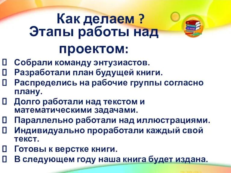 Собрали команду энтузиастов. Разработали план будущей книги. Распределись на рабочие группы согласно