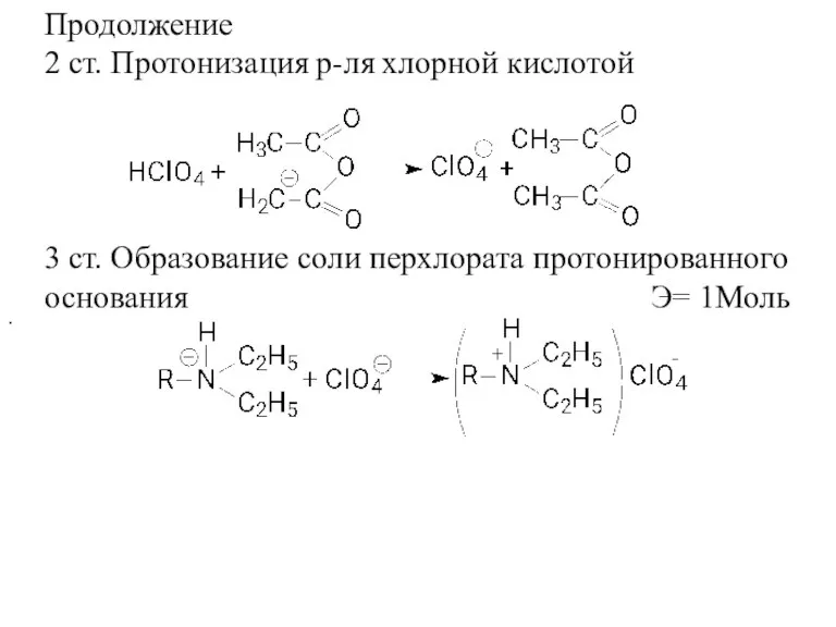 . Продолжение 2 ст. Протонизация р-ля хлорной кислотой 3 ст. Образование соли