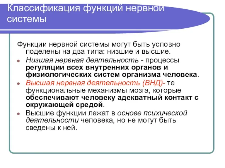 Классификация функций нервной системы Функции нервной системы могут быть условно поделены на