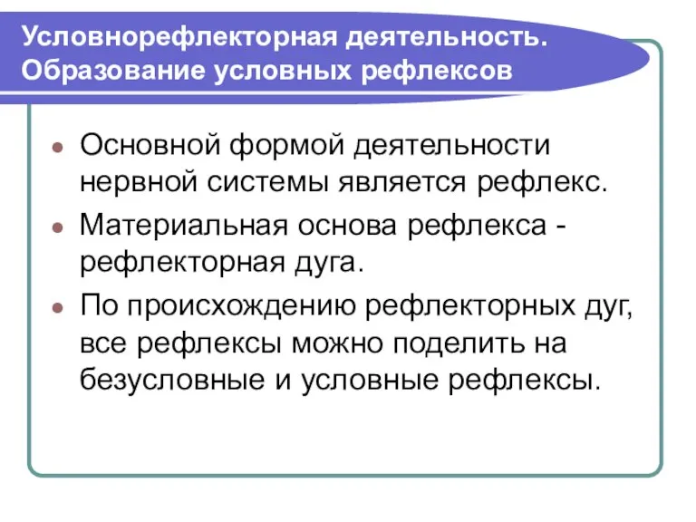 Условнорефлекторная деятельность. Образование условных рефлексов Основной формой деятельности нервной системы является рефлекс.